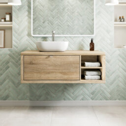 Aveli 1100mm Countertop Bathroom Vanity Unit White Basin Sink Wall Hung Rh Shelves Oak