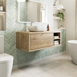 Affine 1100mm Countertop Bathroom Vanity Unit White Basin Sink Wall Hung Rh Shelves Oak - thumbnail 2