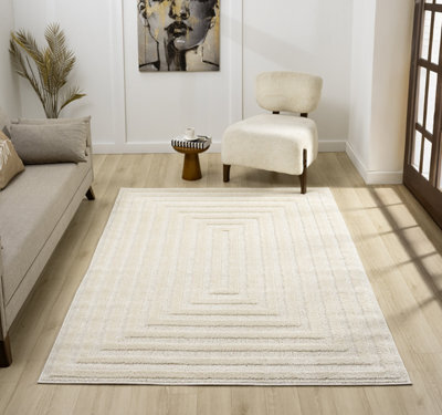 Isabella Living Room Area Rugs - Embossed Geometric Rectangle Design Cream 200Cm X 290Cm - image 1