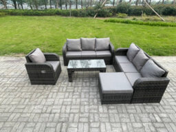 Fimous 8 Seater Wicker Pe Rattan Sofa Set Outdoor Patio Garden Furniture Set With Reclining Chairs Coffee Table Big Footstool - thumbnail 1