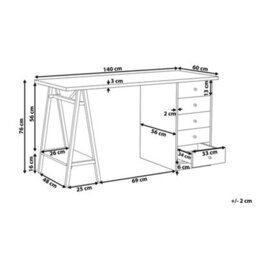 Beliani Home Office Computer Desk 140 X 60 Cm - Light Wood Top With White Frame And 5 Drawers - thumbnail 3