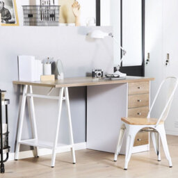 Beliani Home Office Computer Desk 140 X 60 Cm - Light Wood Top With White Frame And 5 Drawers - thumbnail 2