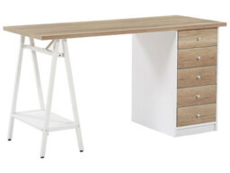 Beliani Home Office Computer Desk 140 X 60 Cm - Light Wood Top With White Frame And 5 Drawers - thumbnail 1