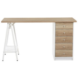 Beliani Home Office Computer Desk 140 X 60 Cm - Light Wood Top With White Frame And 5 Drawers - thumbnail 4