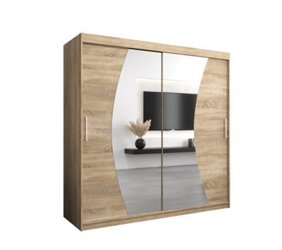 Arte Wave Contemporary 2 Mirrored Sliding Door Wardrobe 9 Shelves 2 Rails Oak Sonoma Effect (H)2000mm (W)2000mm (D)620mm - image 1