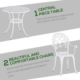 Outsunny 3Pcs Garden Bistro Set Cast Aluminium Round Table With 2 Chairs White - thumbnail 4