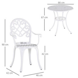 Outsunny 3Pcs Garden Bistro Set Cast Aluminium Round Table With 2 Chairs White - thumbnail 3
