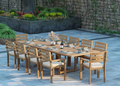 Eterna Mylor Teak Garden Outdoor Dining Table & 10 Seat Chair Set - With Black Cushions - image 1