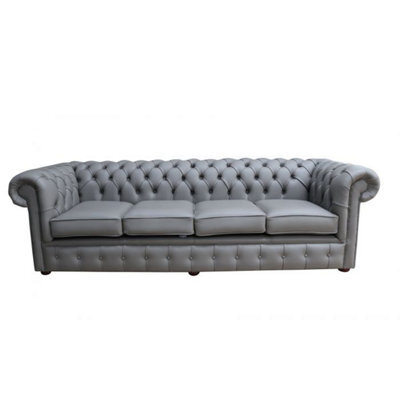 Chesterfield 4 Seater Sofa Shelly Silver Grey Real Leather In Classic Style - image 1