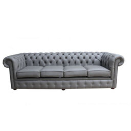 Chesterfield 4 Seater Sofa Shelly Silver Grey Real Leather In Classic Style - thumbnail 1