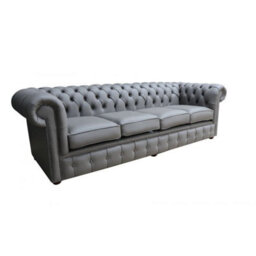 Chesterfield 4 Seater Sofa Shelly Silver Grey Real Leather In Classic Style - thumbnail 3