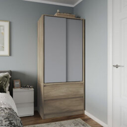 Urbn-Living Urbnliving 2 Sliding Doors Wardrobe 2 Drawer Bedroom Clothes Hanging Rail Oak Carcass With Grey Doors Storage Cupboard - thumbnail 1