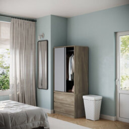 Urbn-Living Urbnliving 2 Sliding Doors Wardrobe 2 Drawer Bedroom Clothes Hanging Rail Oak Carcass With Grey Doors Storage Cupboard - thumbnail 2