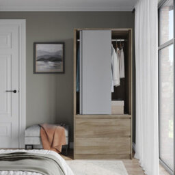 Urbn-Living Urbnliving 2 Sliding Doors Wardrobe 2 Drawer Bedroom Clothes Hanging Rail Oak Carcass With Grey Doors Storage Cupboard - thumbnail 3