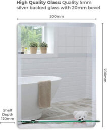 Mood Premium Rectangular Bathroom Mirror With Shelf, Wall Mounted, Frameless, Bevelled Edges (70Cm X 50Cm) - thumbnail 3