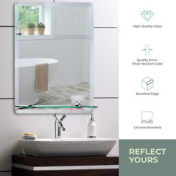 Mood Premium Rectangular Bathroom Mirror With Shelf, Wall Mounted, Frameless, Bevelled Edges (70Cm X 50Cm) - thumbnail 2