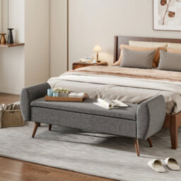 Living And Home Grey Linen Upholstered Storage Ottoman Bench Bed End Bench With Wood Legs W 1510 X D 470 X H 550 mm - thumbnail 2