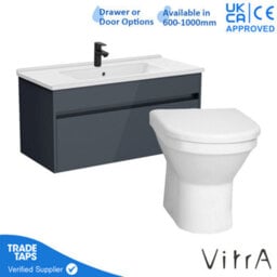 Vitra 1000mm Wall Hung Bathroom Vanity Unit With 1 Drawer Includes Basin, Black Tap And Back To Wall Toilet - Grey Gloss - thumbnail 1