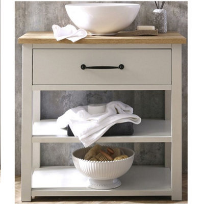 Homestylestore Antique White And Oak Bathroom Cloakroom Vanity Unit With Round Countertop Basin And Black T Bar Handle - image 1