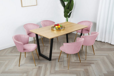 Mill Dining Set - Oak-Effect Table With 6 Pink Velvet Chairs & Gold  Legs