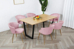 Mill Dining Set - Oak-Effect Table With 6 Pink Velvet Chairs & Gold  Legs