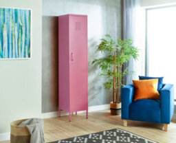 MMT Funiture Designs mmt  Pink Metal Locker Tall 3 Shelf Cabinet, 1 Door Modern Industrial Rustic Wardrobe Storage Cupboard For Living Room Or Office - thumbnail 2
