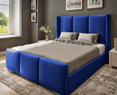 UKBEDFURNITURE Miami Wingback Blue Plush Valvet Upholstered Bed Frame Only - Slatted Base - 48 Inch Headboard - image 1