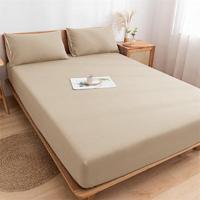 Ameha Plain Fitted Sheet 25Cm Deep Pocket- Breathable Wrinkle Resistant Microfiber Bed Sheet Easy Care Cream King (152X200Cm) - image 1