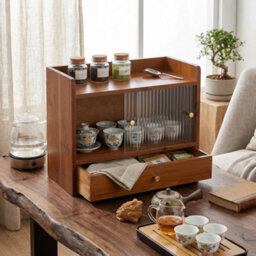 Rustic Wooden Mug Cabinet Tea Cup Storage Shelf Drawer - thumbnail 6