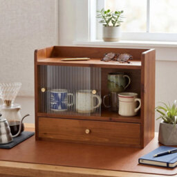 Rustic Wooden Mug Cabinet Tea Cup Storage Shelf Drawer - thumbnail 5