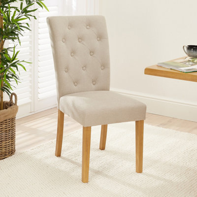 The Furniture Market Bunbury Natural Oatmeal Fabric Button Back Dining Chair Oak Legs Classic Upholstered Seat Sprung & Webbed Base Solid Wood Frame - image 1