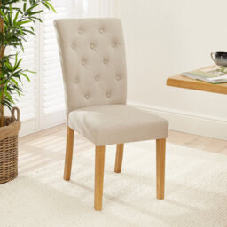 The Furniture Market Bunbury Natural Oatmeal Fabric Button Back Dining Chair Oak Legs Classic Upholstered Seat Sprung & Webbed Base Solid Wood Frame - thumbnail 1
