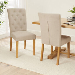 The Furniture Market Bunbury Natural Oatmeal Fabric Button Back Dining Chair Oak Legs Classic Upholstered Seat Sprung & Webbed Base Solid Wood Frame - thumbnail 3