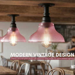 Industrial Flush Mount Ceiling Light With Purple Clear Glass Shade, E27 Decorative Lighting Fixture For Kitchen With Bulbs - thumbnail 4