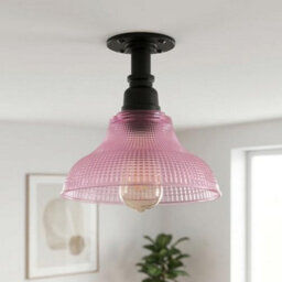 Industrial Flush Mount Ceiling Light With Purple Clear Glass Shade, E27 Decorative Lighting Fixture For Kitchen With Bulbs