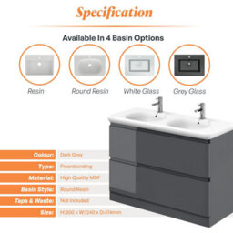 Plum&clay Marvel Gloss Dark Grey Floor Standing Bathroom Vanity Unit With Round Resin Basin (W)1200mm - thumbnail 4