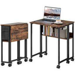 63Cm Foldable Computer Desk Rustic Brown On Wheels Small Spaces - thumbnail 5