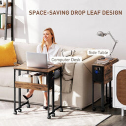63Cm Foldable Computer Desk Rustic Brown On Wheels Small Spaces - thumbnail 4