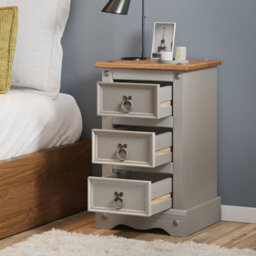 Mercers Furniture Corona Grey Painted Wax Narrow 3 Drawer Bedside Cabinet Chest Table Solid Wood Pine With Wooden Mexican Styling - thumbnail 5