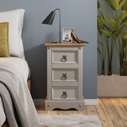 Mercers Furniture Corona Grey Painted Wax Narrow 3 Drawer Bedside Cabinet Chest Table Solid Wood Pine With Wooden Mexican Styling