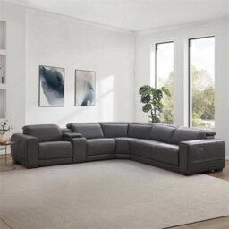 Xample Aiden & Ivy Karson Dark Grey Leather Sectional Sofa Top Grain Leather, 3 Power Recliners With Power Headrests, Storage Console - thumbnail 3
