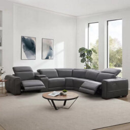 Xample Aiden & Ivy Karson Dark Grey Leather Sectional Sofa Top Grain Leather, 3 Power Recliners With Power Headrests, Storage Console