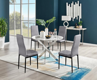 Furniturebox Uk Novara White Marble Round Dining Table & 4 Grey Velvet Milan Black Leg Chairs - image 1