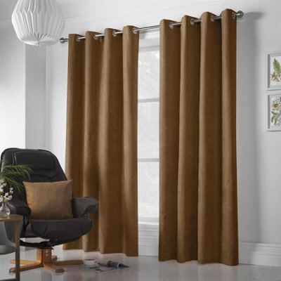 Luxury Living Velvet Chenille Eyelet Curtains Ready Made Pair Tan - image 1