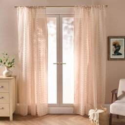 Ohs Tufted Pompom Voile Net Curtain Pair Window Panels Slot Top Set - Natural