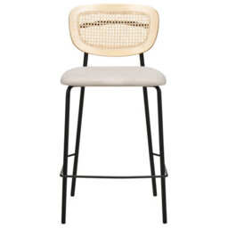 Wyld And Coco Luxehome Set Of 2 Armless Bar Chairs - Light Beige Polyester Upholstery, Rattan Viennese Braid Back, Black Iron Legs - thumbnail 1