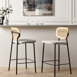 Wyld And Coco Luxehome Set Of 2 Armless Bar Chairs - Light Beige Polyester Upholstery, Rattan Viennese Braid Back, Black Iron Legs - thumbnail 2