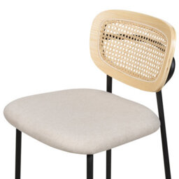 Wyld And Coco Luxehome Set Of 2 Armless Bar Chairs - Light Beige Polyester Upholstery, Rattan Viennese Braid Back, Black Iron Legs - thumbnail 6