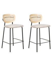 Wyld And Coco Luxehome Set Of 2 Armless Bar Chairs - Light Beige Polyester Upholstery, Rattan Viennese Braid Back, Black Iron Legs - thumbnail 3