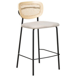 Wyld And Coco Luxehome Set Of 2 Armless Bar Chairs - Light Beige Polyester Upholstery, Rattan Viennese Braid Back, Black Iron Legs - thumbnail 4
